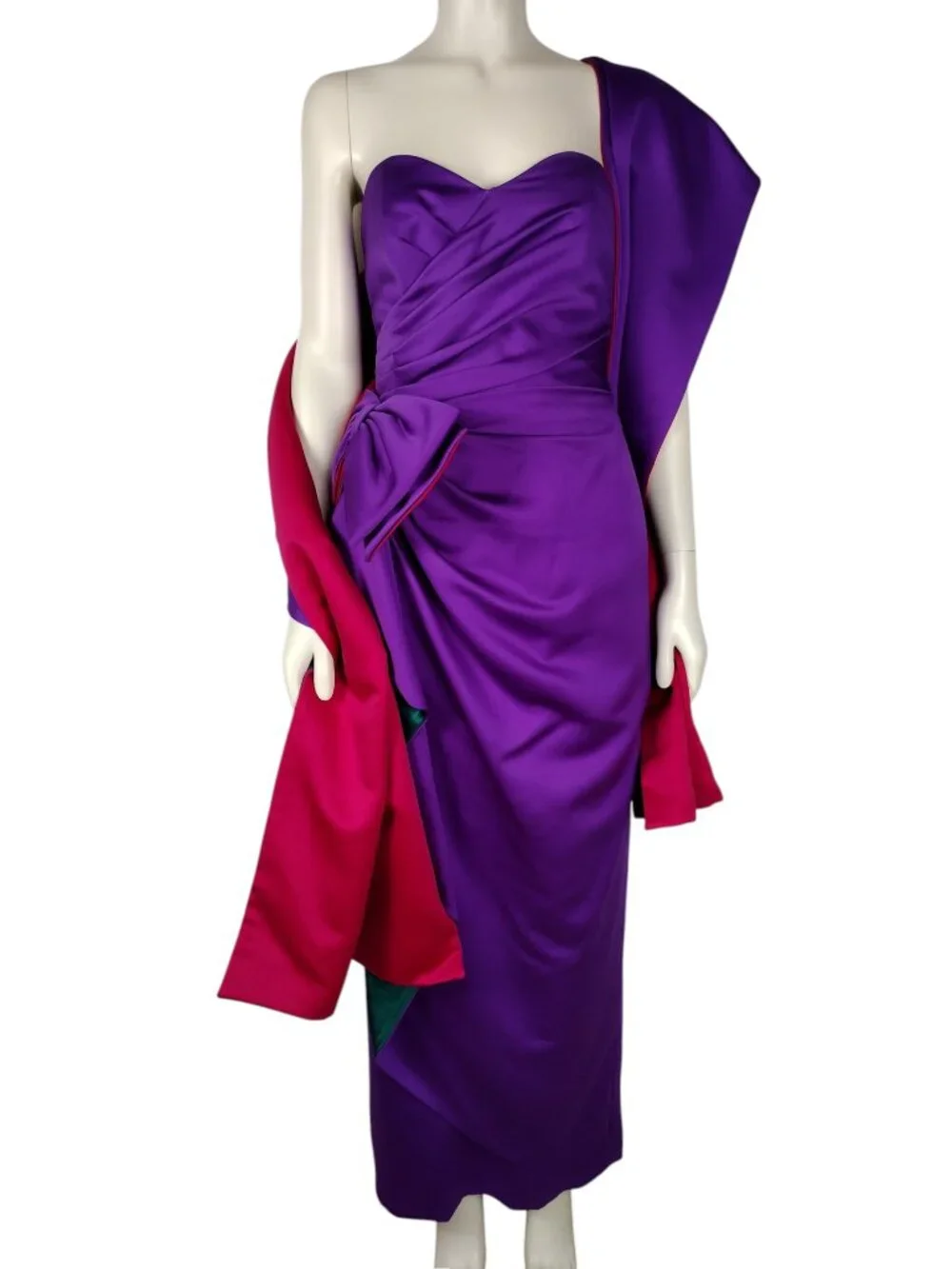 Vintage 1980s AJ Bari Purple Satin Strapless Evening Gown and Shawl Set Size 0